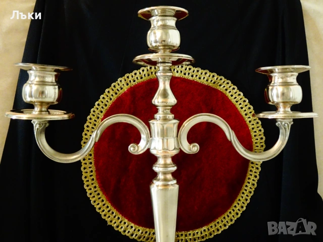 Посребрен троен свещник,чиста мед,35 см.,1.1 кг. , снимка 7 - Антикварни и старинни предмети - 54101805