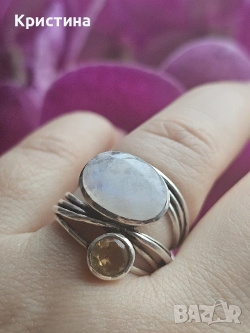 Сребърен пръстен с Цитрин и Лунен камък