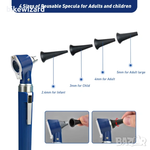 Комплект отоскоп Scian – отоскоп за уши с LED светлина, 3x увеличение, 4 спекулумни накрайника НОВ, снимка 3 - Уреди за диагностика - 53720045