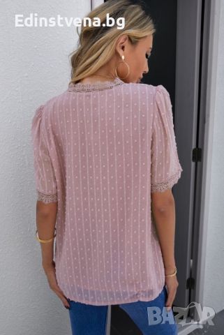 Дамска блуза в розово с къс ръкав и принт на точки, снимка 2 - Други - 46413885