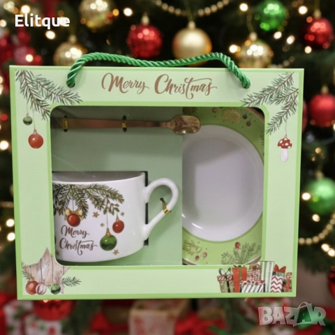 Коледен подаръчен комплект – Керамична чаша с лъжичка и чинийка в празнична кутия