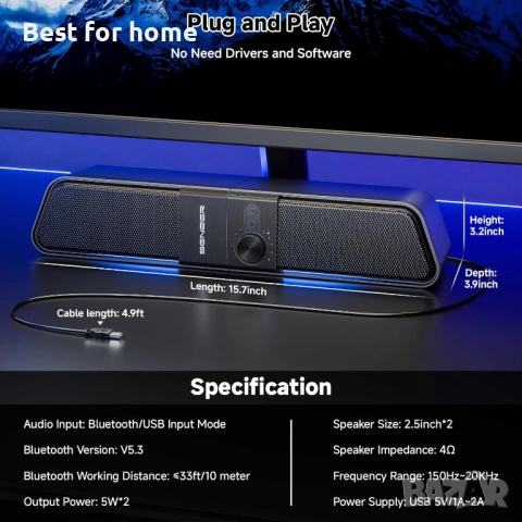 SENZER CS20 2 в 1 Bluetooth компютърни високоговорители за настолен компютър, USB Plug & Play, снимка 8 - Тонколони - 54147578