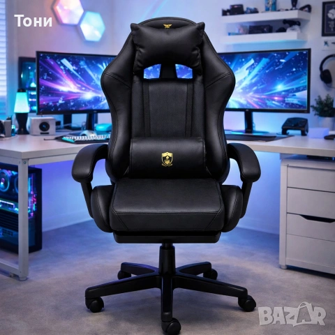 геймърски стол с масажна функция, поставка за крака и ергономична метална рамка, PU кожа