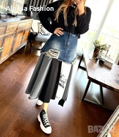 TW3 Дънкова пола атрактивен модел съчетан с плат , снимка 4 - Поли - 44151761