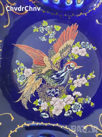 Beanopli 25см/стара италианска декоративна ажурна порцеланова чиния-картина/птица-кобалт-злато, снимка 3 - Картини - 49827770