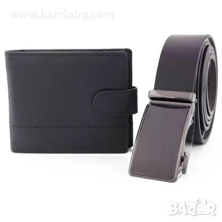 Мъжки комплект колан и портфейл естествена кожа в черно, снимка 1