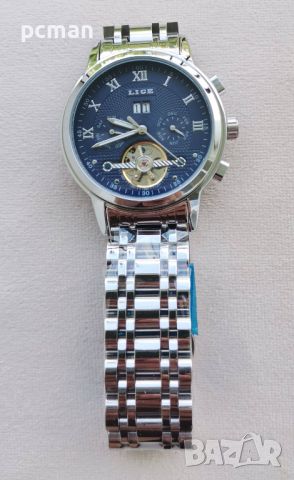 LIGE Silver Blue LG9841 Луксозен мъжки автоматичен механичен часовник с метална верижка, снимка 4 - Мъжки - 45249809
