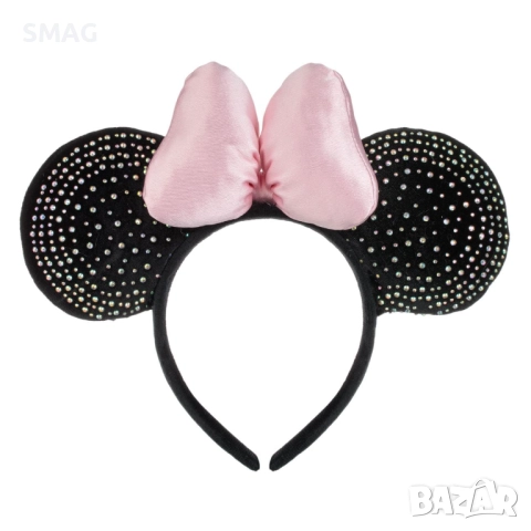 Коледна диадема с ушички на мишле, черна с многоцветни камъчета и розова панделка_1245267