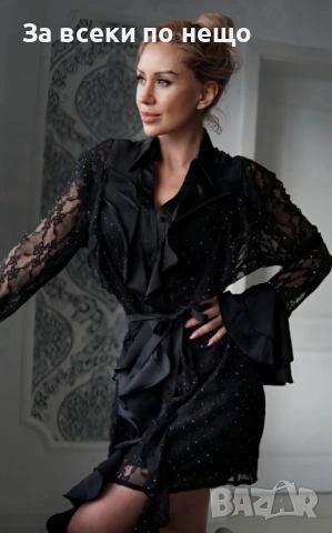 Дамска Елегантна Черна Нежна Дантелена Рокля С Камъни За Специални Поводи Код Roni20, снимка 3 - Рокли - 53481923