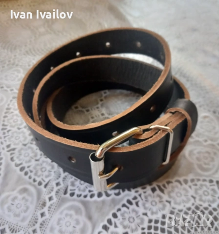 Стилен дамски колан (2.5 см) – ЕСТЕСТВЕНА КОЖА – Черен с натурален кант, снимка 2 - Колани - 54131305