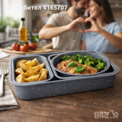 Комплект 4 тави за печене Cheffinger с мраморно незалепващо покритие – различни форми, компактно под, снимка 2 - Съдове за готвене - 53192892