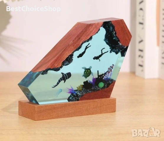 3D смола океански живот, нощна лампа с дървена основа – Многоцветна, снимка 7 - Декорация за дома - 53200533