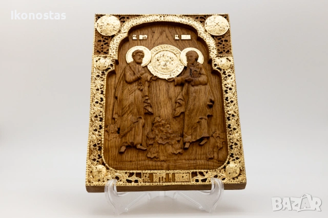Релефна икона от дъб с позлата – Свети апостоли Петър и Павел, снимка 4 - Икони - 53224173