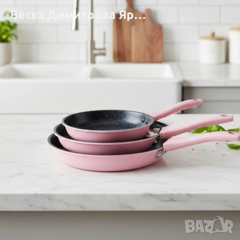 Комплект тигани Cheffinger розово с мраморно покритие – 3 части за всяка кухня - розов цвят, снимка 6 - Съдове за готвене - 53162602