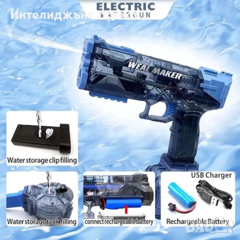 Автоматичен воден бластер, електрически, Син, снимка 4 - Електрически играчки - 45585085