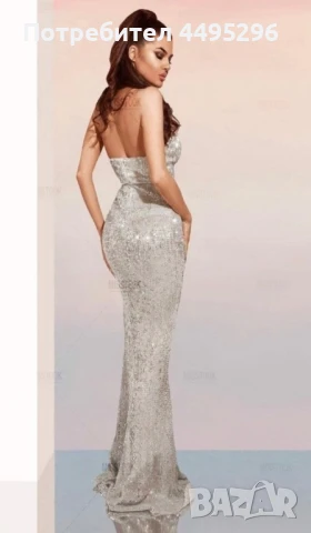 Дълга официална елеганта сребърна рокля с пайети и цепка, снимка 4 - Рокли - 50576699