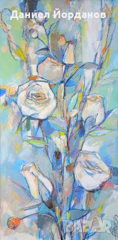 Картина маслени бои на платно "Бели рози", 40 х 80 см, снимка 2 - Картини - 44179215