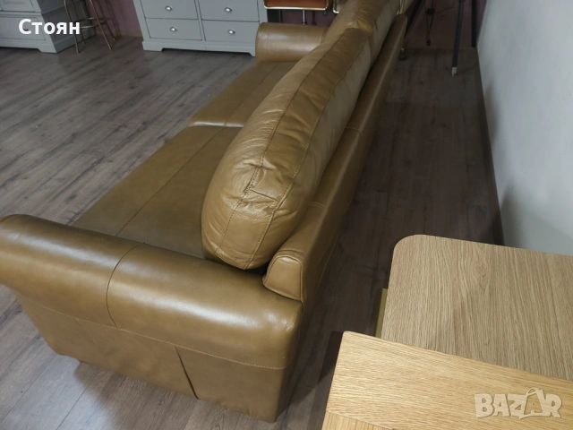 Светло кафяв кожен диван четворка, снимка 2 - Дивани и мека мебел - 53721125