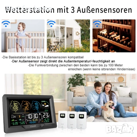 Безжична метеорологична станция Uzoli EM3390 с 3 външни сензора, DCF радио часовник, снимка 7 - Друга електроника - 53947363