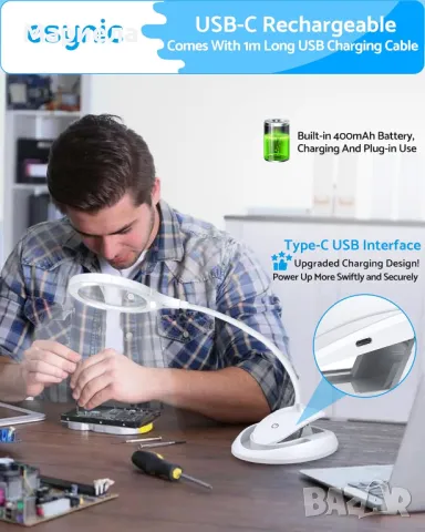 Увеличителна лампа eSynic / Акумулаторна Лампа с Лупа / Лампа за Четене, снимка 8 - Други - 49663020