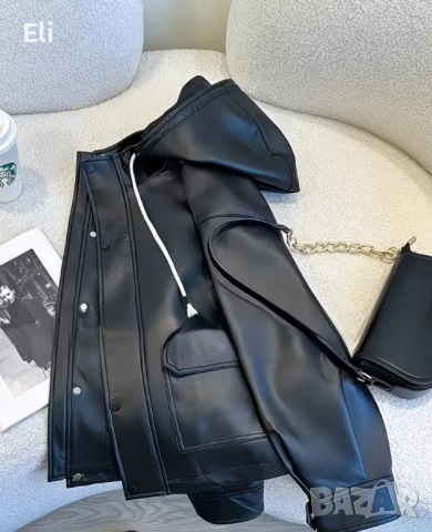  Дамско черно яке с качулка – естествена кожа, снимка 3 - Якета - 53630041