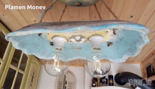Ръчно изработена винтидж дизайнерска дървена лампа "СИНЕВА", снимка 5 - Декорация за дома - 45280991