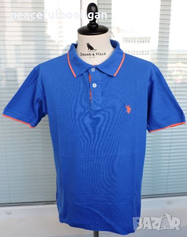 U.S.POLO ASSN Premium Cotton - Мъжка синя тениска с яка размер L , снимка 1 - Тениски - 46798657