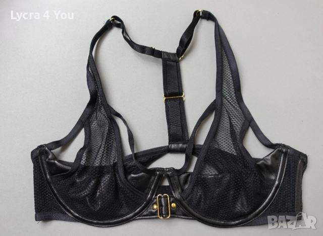 75В черен сутиен от еко кожа и прозрачна мрежа