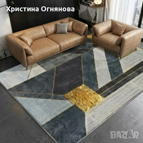 Модерен килим за хол 120х160см - Геометрично сиво със жълт квадрат и 3D ефект, Противоплъзгащ, снимка 2 - Килими - 53882845