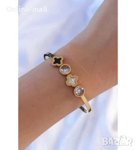 Луксозна гривна с детелини и кристали стил Van Cleef – медицинска стомана, златна