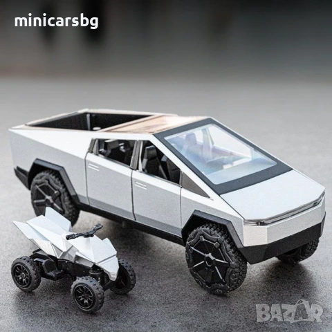 Метални колички: Tesla Cybertruck 1:32 метален модел с ATV