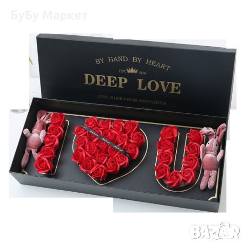 Подаръчна кутия с червени рози с надпис I LOVE YOU - LOVE BUKET RED, снимка 4 - Изкуствени цветя - 45356528