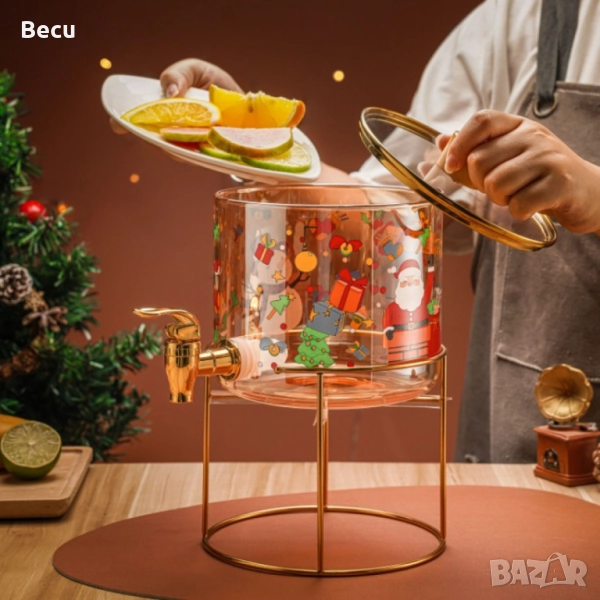 Стъклен диспенсър за напитки 2.6 L с коледен дизайн и златиста стойка, снимка 1