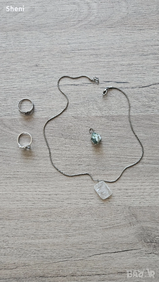 Сребърни бижута, колие, 2 пръстена и 2 висулки с камък, снимка 1
