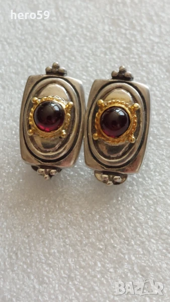 Дамски маркови дизайнерски обеци,инкрустирани гранати, златни 14к орнаменти сребро 925. , снимка 1