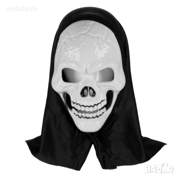 Карнавална маска – череп, бяла, с черно покривало за глава, снимка 1