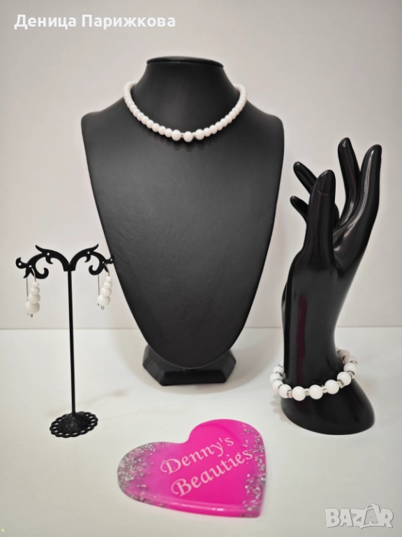 Ръчно изработен комплект бижута с бял ахат – гривна, колие и обеци , снимка 1