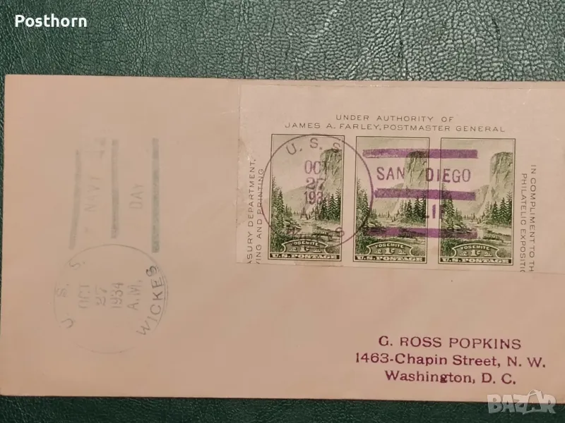 1934 САЩ Корабна поща с печата на U.S.S Wickes, снимка 1