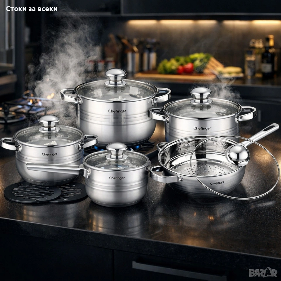 Комплект съдове за готвене 12 части Cheffinger, с индукционно дъно и стъклени капаци , снимка 1