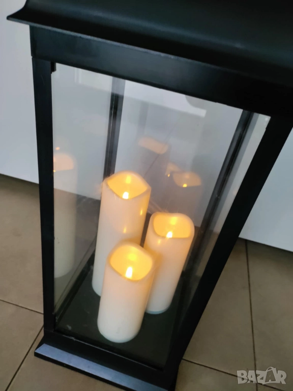 Соларна лампа - LED, фенер в черно с 3 бр. свещи, снимка 1