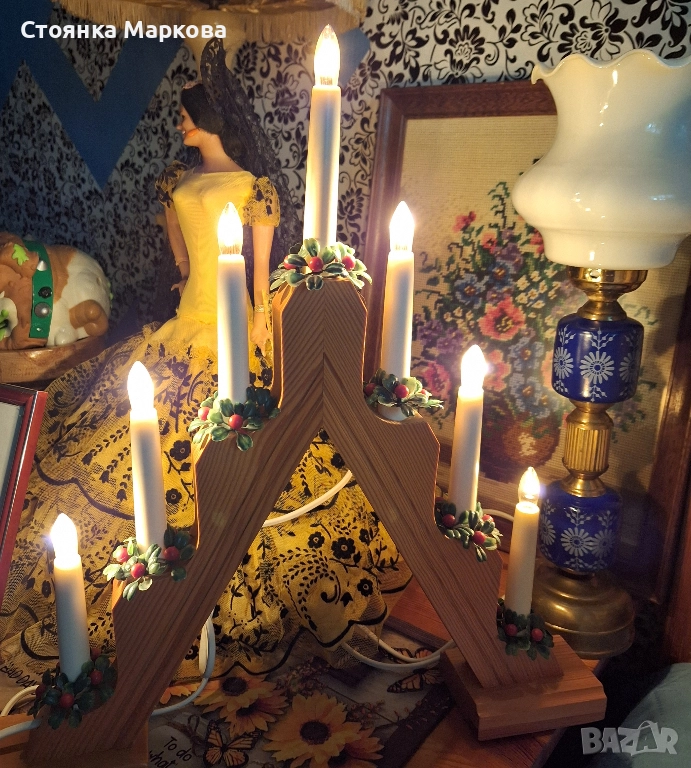 Дървен Коледен свещник с лампички, снимка 1