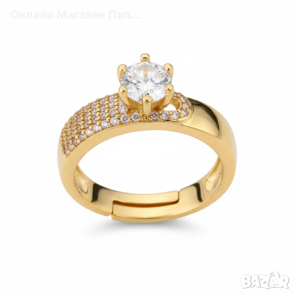 Позлатен дамски пръстен от неръждаема стомана с корона от цирконий, преоразмеряем, снимка 1