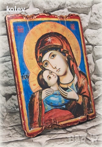 икона на Богородица с Младенеца от Рилски манастир 25/18 см, репродукция, художествен декупаж, снимка 2 - Икони - 53616411