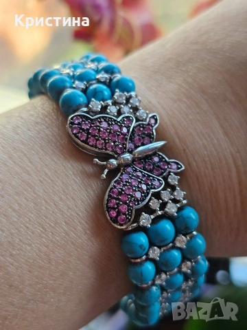 Уникална сребърна гривна с Тюркоази и Рубини