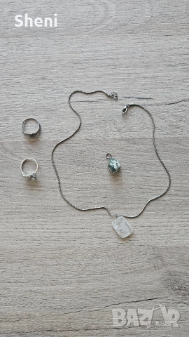 Сребърни бижута, колие, 2 пръстена и 2 висулки с камък