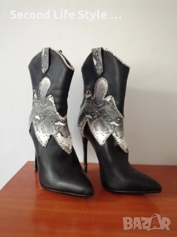 №36 дамски кожени боти ботуши със змийска кожа и кристали, висок тънък ток и остър връх, снимка 2 - Дамски боти - 54218486