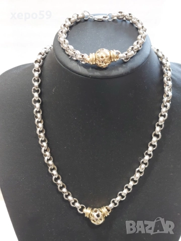 Прекрасна сребърна авторска дамска гривна и колие.Сребро проба 925,златни 9 каратови апликации, снимка 5 - Колиета, медальони, синджири - 52293101