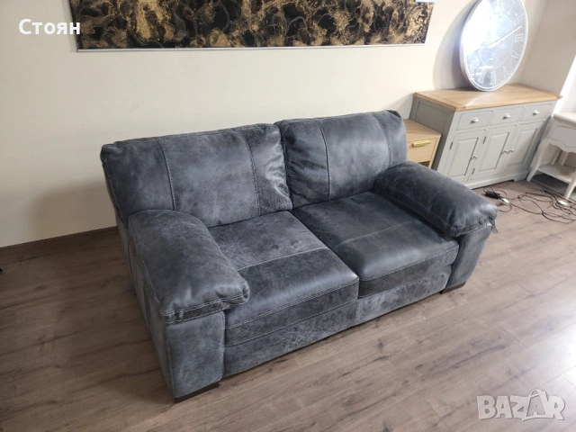Сив кожен диван двойка - телешки бокс, снимка 3 - Дивани и мека мебел - 53755061