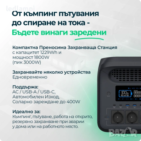 1800W Преносима Захранваща Станция с LiFePO4 Батерия и Wi-Fi, снимка 6 - Друга електроника - 54136496