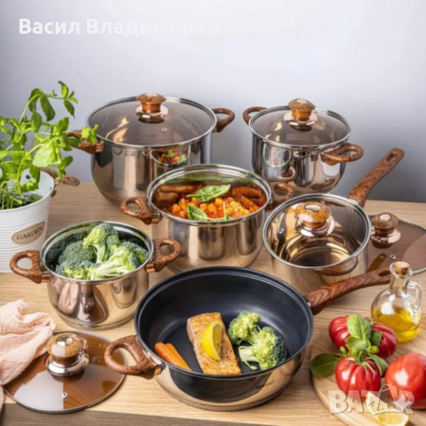 Комплект съдове за готвене от 12 части – Неръждаема стомана, равномерно нагряване и лесна поддръжка, снимка 2 - Прибори за хранене, готвене и сервиране - 53305698